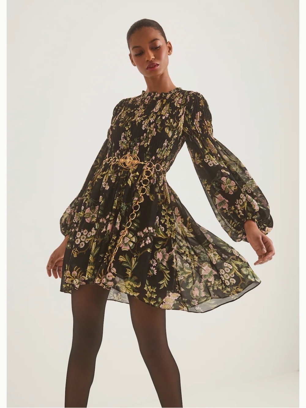 Cara Cara Black Floral Puff-Sleeve Mini Dress